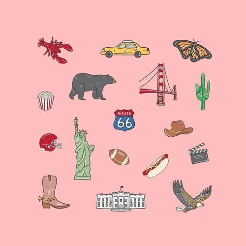 Ilustração de ícones americanos, incluindo a Estátua da Liberdade, a Rota 66 e a Ponte Golden Gate, por Megan Mc
