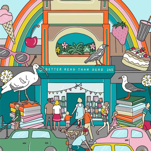 Colorful illustration of people gathering at a bookshop with rainbows and sweets by Megan McKean