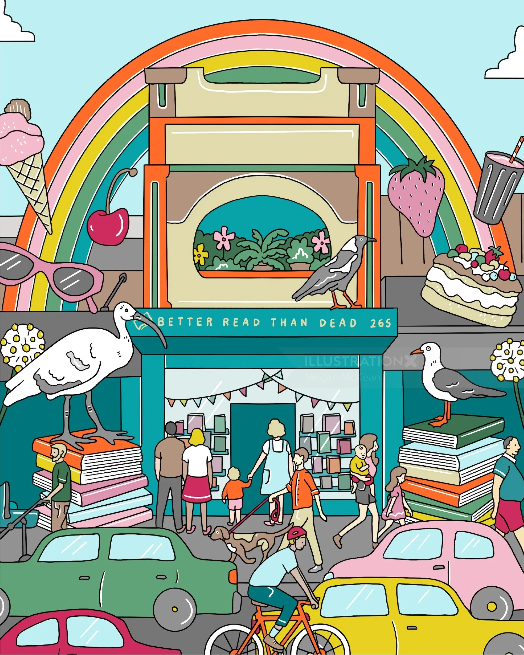 Colorful illustration of people gathering at a bookshop with rainbows and sweets by Megan McKean