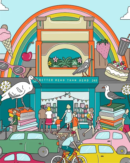 Ilustração colorida de pessoas reunidas em uma livraria com arco-íris e doces, por Megan McKean.