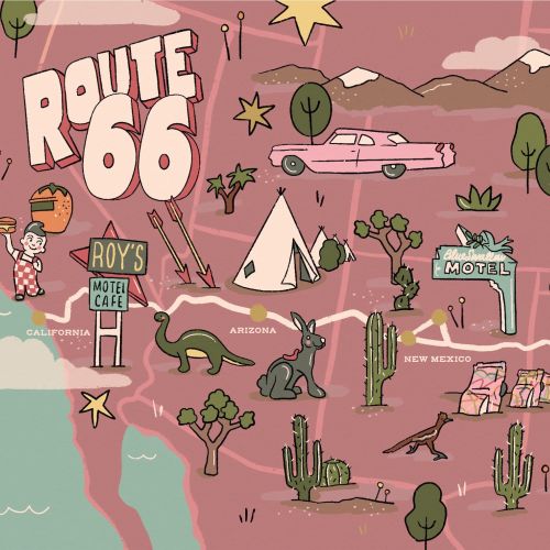 Illustrated Route 66 map by Megan McKean showing roadside scenes