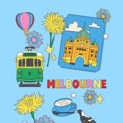 Illustration by Megan McKean showing a Melbourne tram, landmark, flowers, and bird