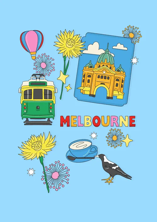 Ilustração de Megan McKean mostrando um bonde de Melbourne, um ponto turístico, flores e um pássaro.