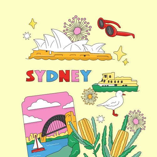 Sydney landmarks and banksia illustration by Megan McKean