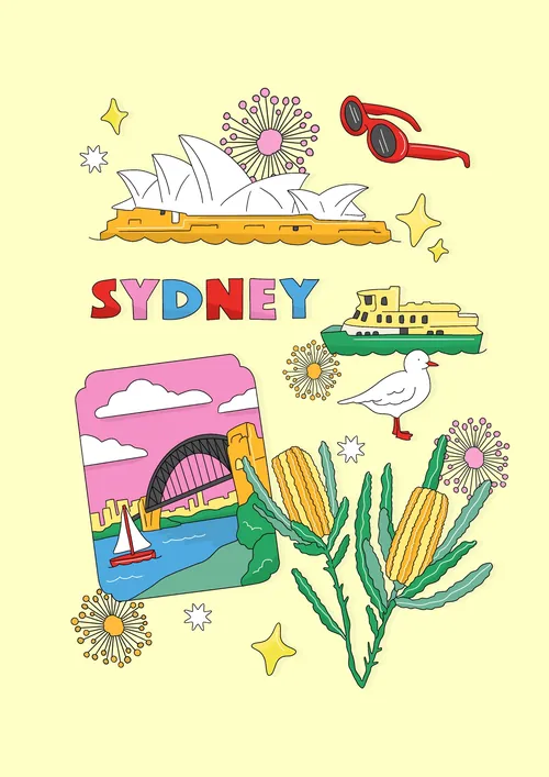 Ilustração de pontos turísticos e bancos de areia de Sydney por Megan McKean
