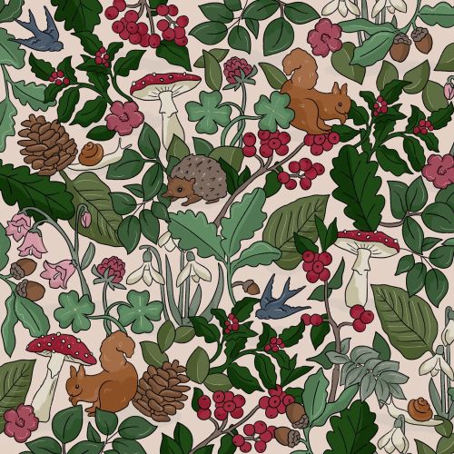 Winter woodland pattern by Megan McKean with animals, berries, leaves, and pinecones