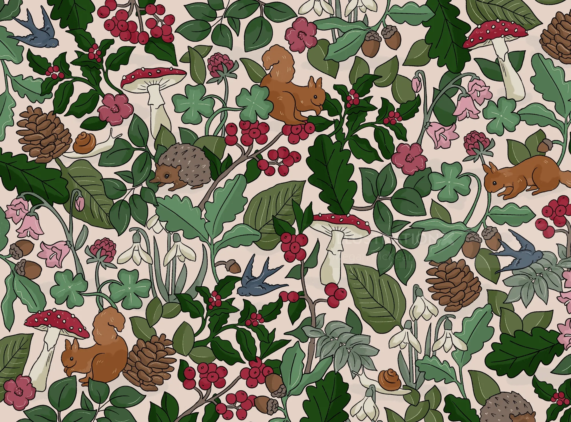 Winter woodland pattern by Megan McKean with animals, berries, leaves, and pinecones