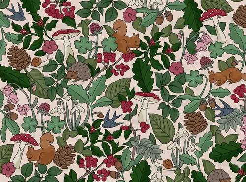 Padrão de floresta de inverno por Megan McKean com animais, frutos silvestres, folhas e pinhas.