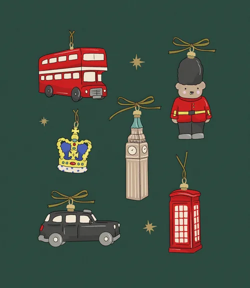 Adornos navideños londinenses ilustrados por Megan McKean.