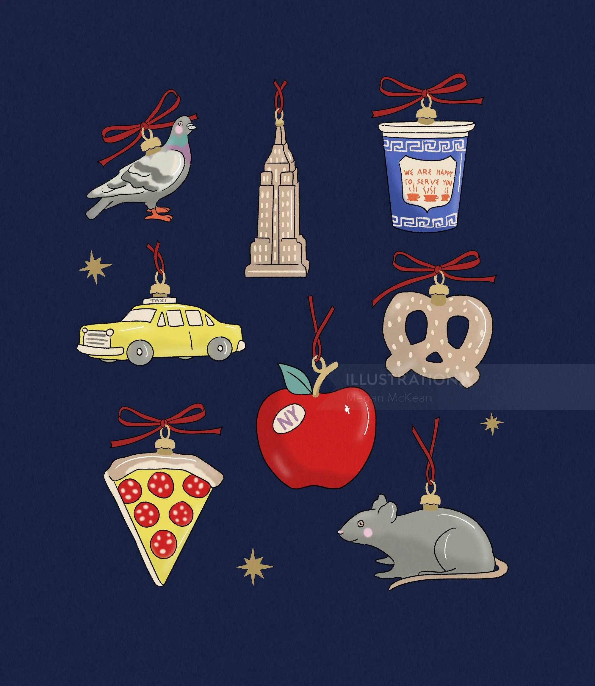 Adornos navideños de Nueva York ilustrados por Megan McKean.