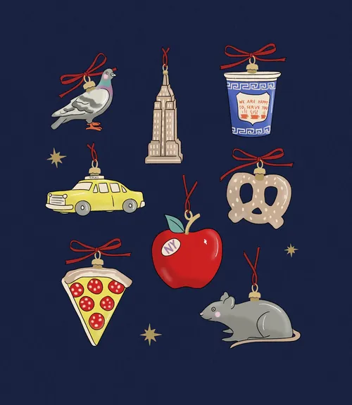 Adornos navideños de Nueva York ilustrados por Megan McKean.
