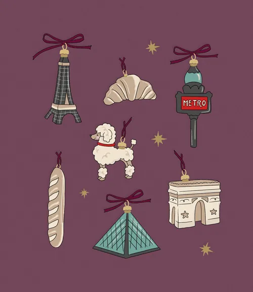 Adornos navideños con temática parisina ilustrados por Megan McKean.
