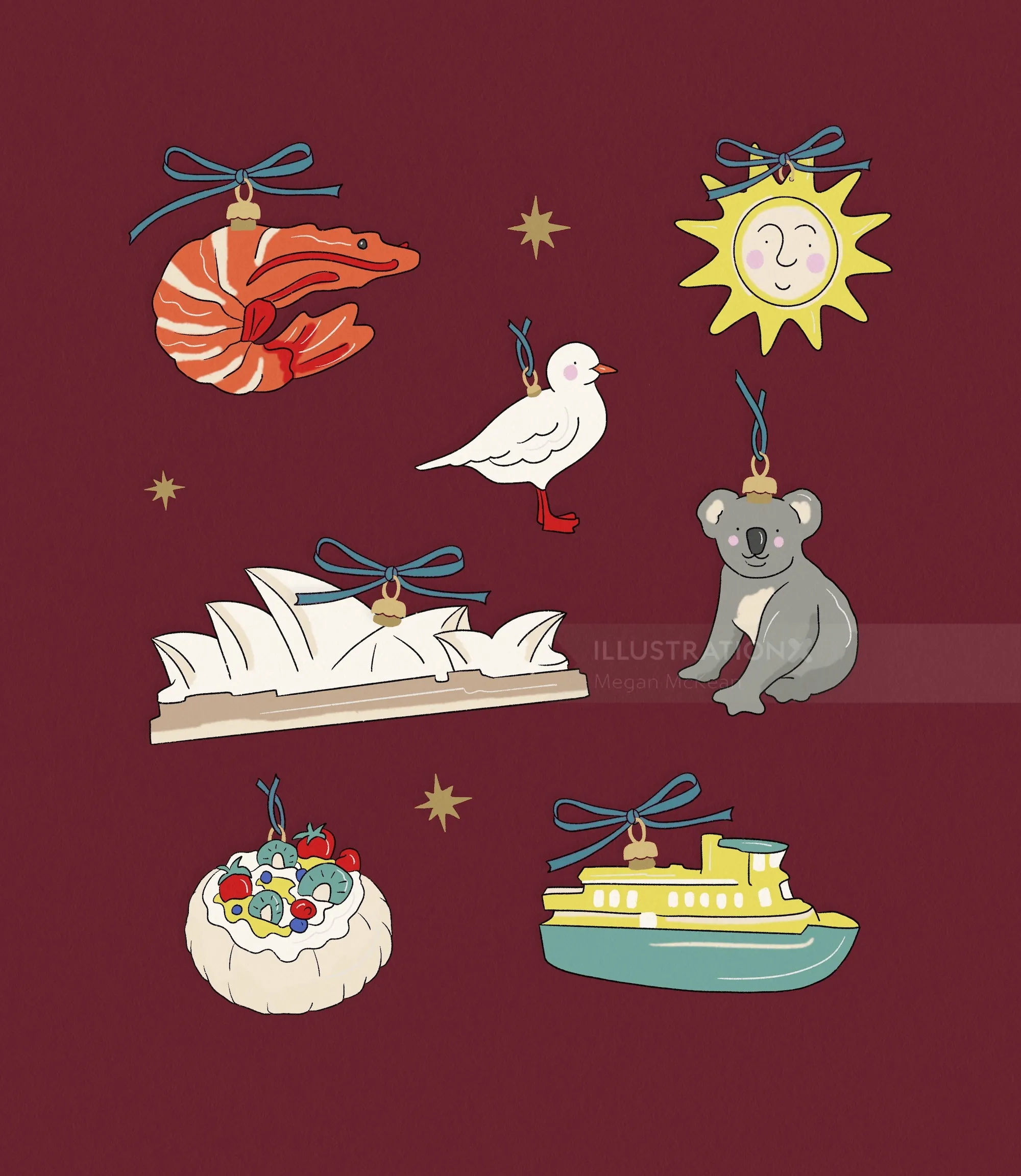 Adornos navideños de Sídney ilustrados por Megan McKean.