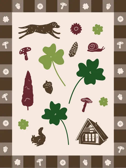 Woodland animals, plants, mushrooms, and cabin illustration by Megan McKean