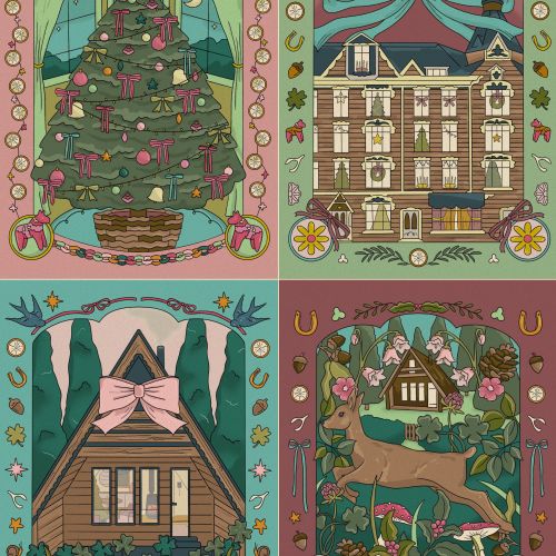 Winter holiday illustrations by Megan McKean with a tree, buildings, cabin, and forest