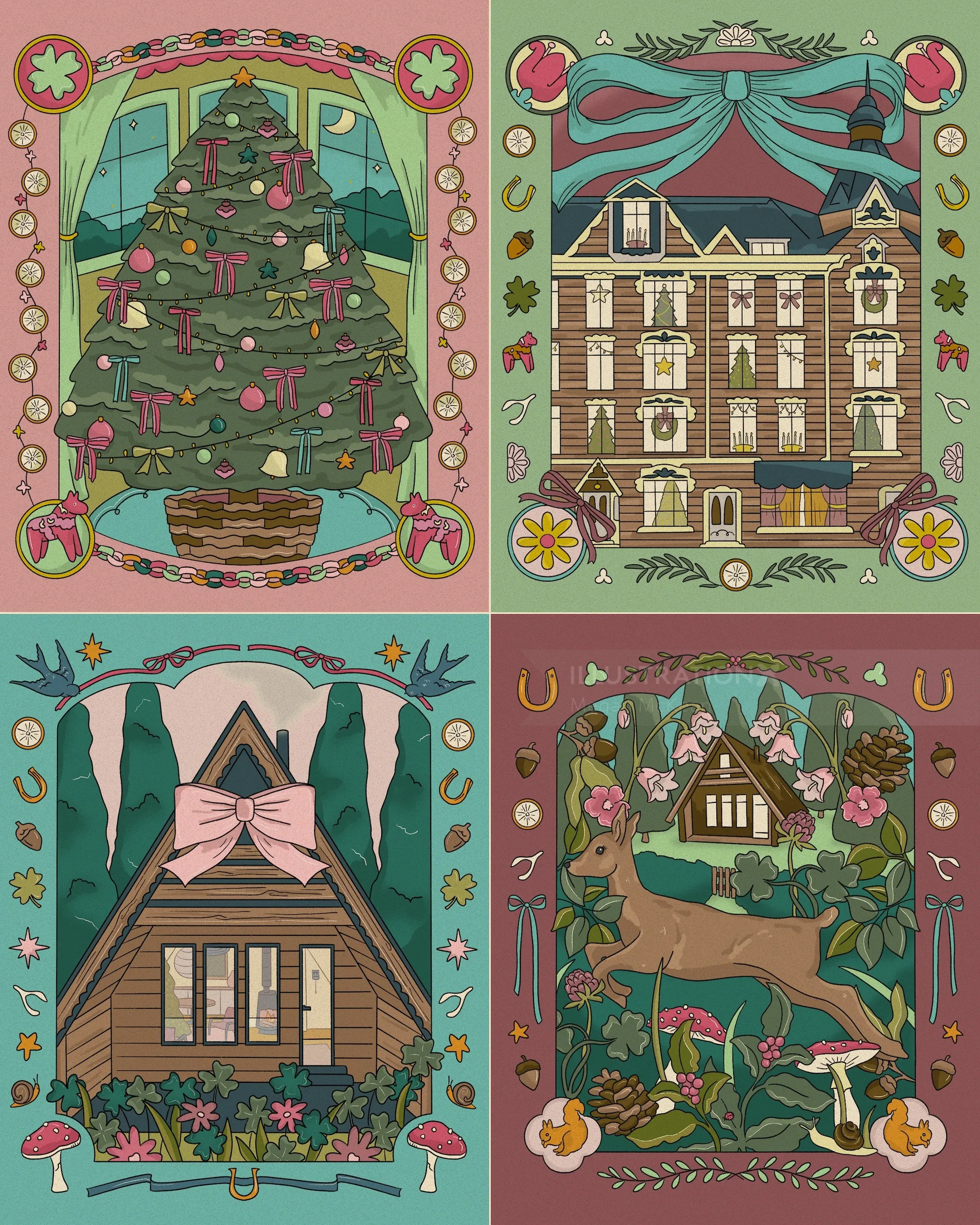 Winter holiday illustrations by Megan McKean with a tree, buildings, cabin, and forest