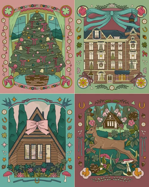 Winter holiday illustrations by Megan McKean with a tree, buildings, cabin, and forest