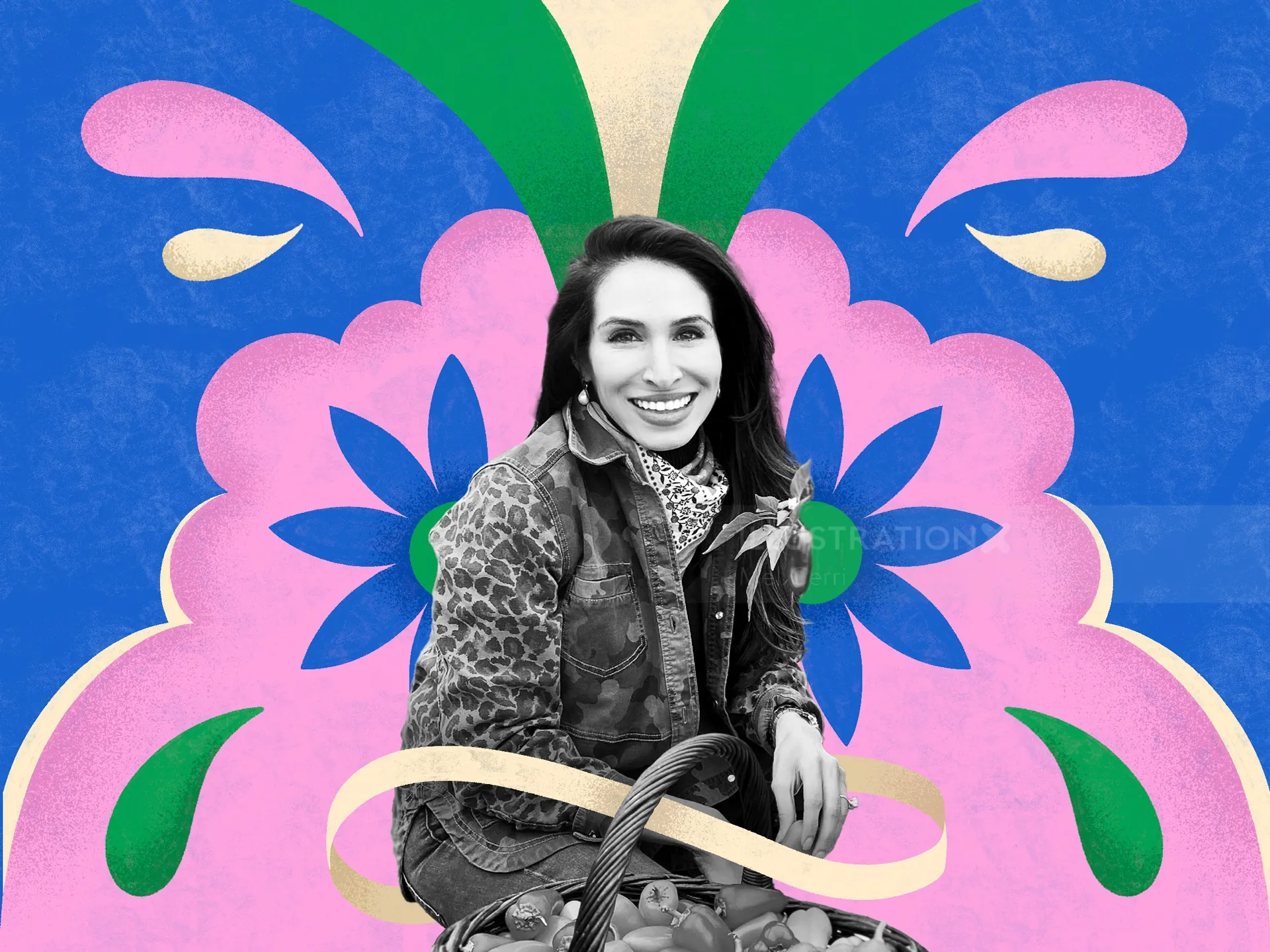 Portrait of a smiling woman in front of colorful floral design by Mel Cerri
