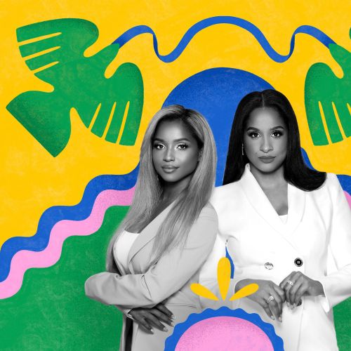 Two confident women with colorful abstract shapes by Mel Cerri