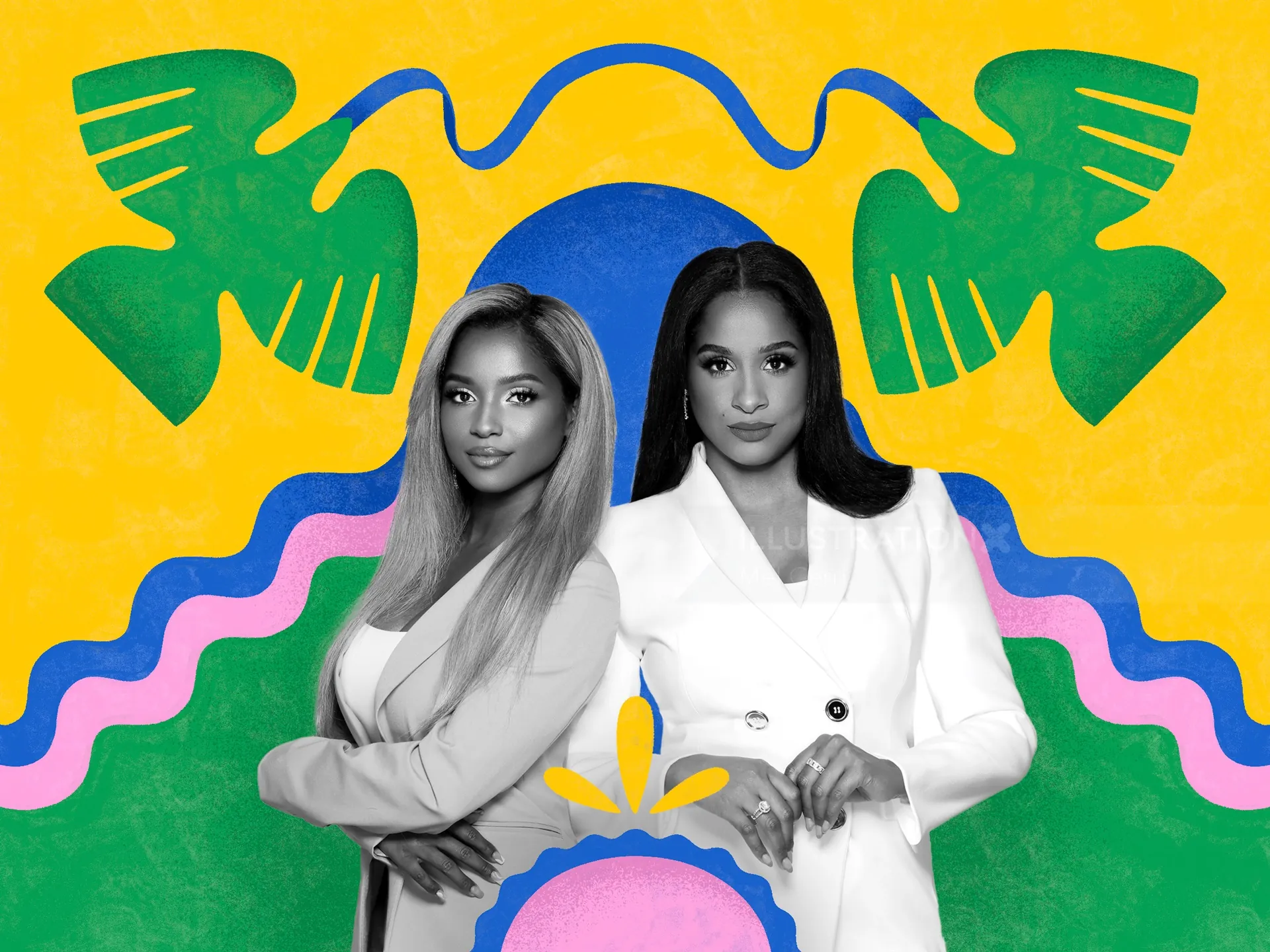Two confident women with colorful abstract shapes by Mel Cerri