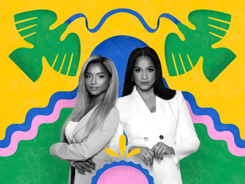 Two confident women with colorful abstract shapes by Mel Cerri