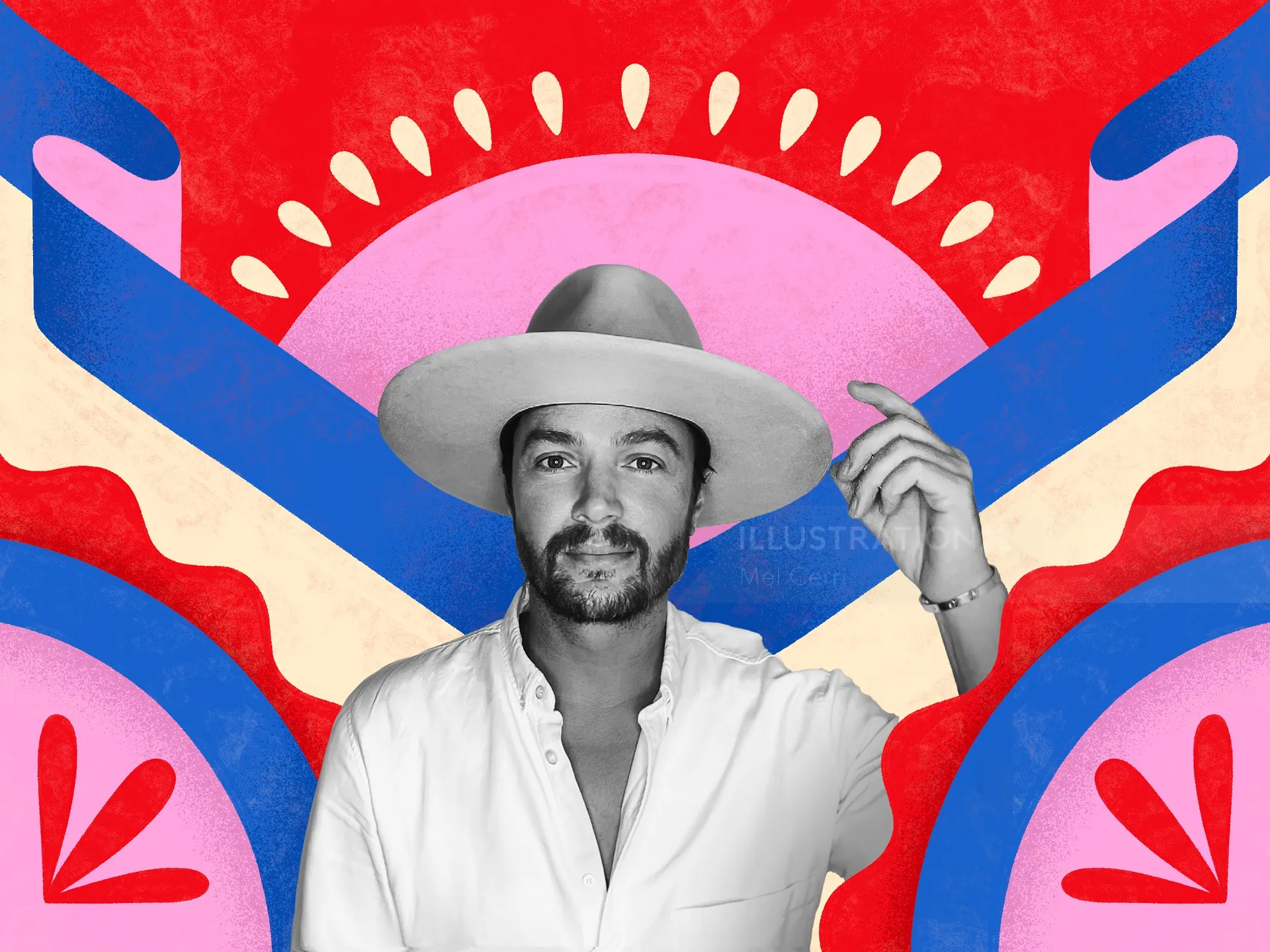 Retrato de homem com chapéu de aba larga e fundo geométrico colorido por Mel Cerri