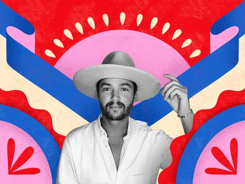 Portrait of man in wide-brim hat with colorful geometric background by Mel Cerri
