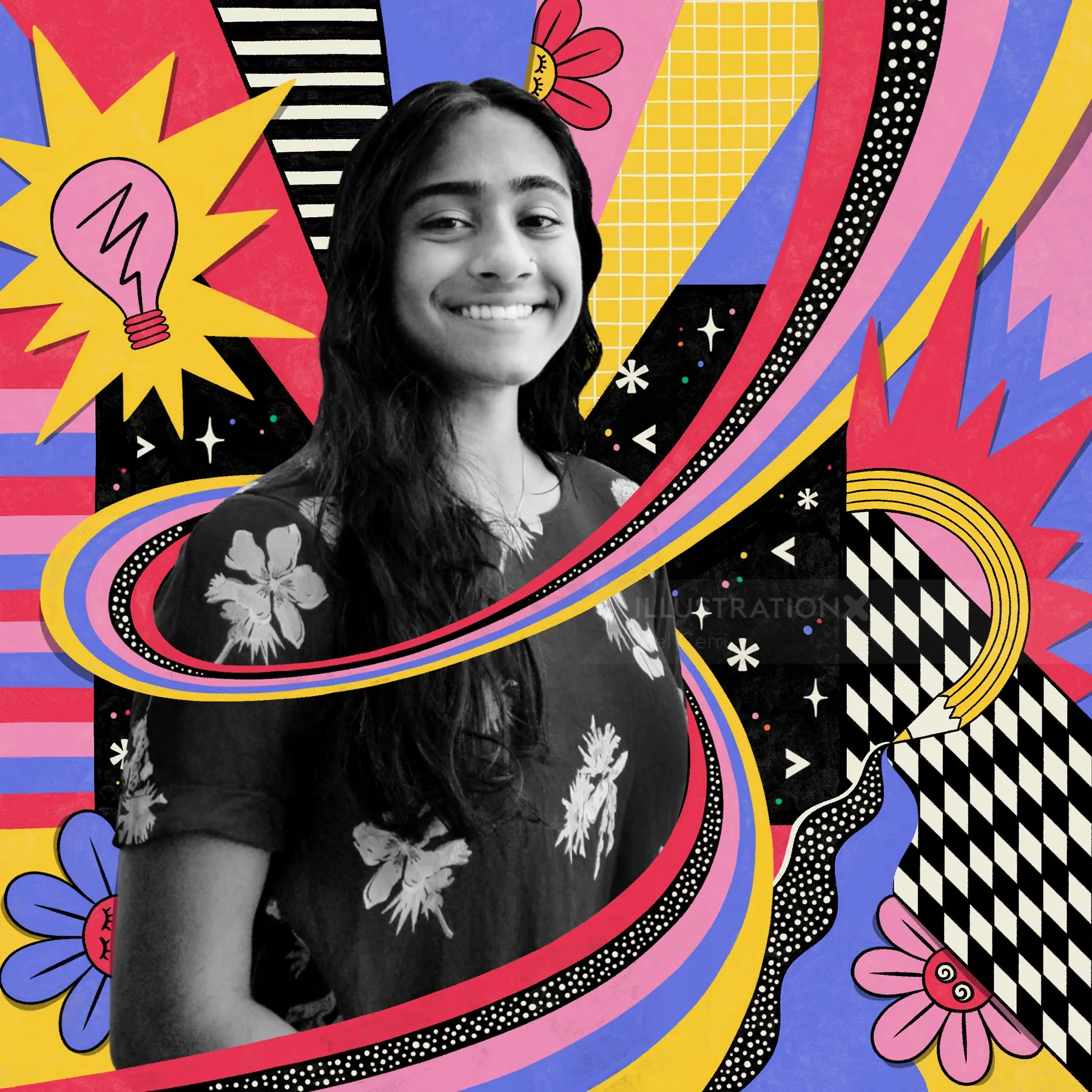 Illustration of a smiling young woman at Apple WWDC by Mel Cerri