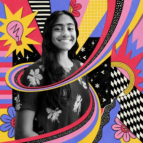 Illustration of a smiling young woman at Apple WWDC by Mel Cerri