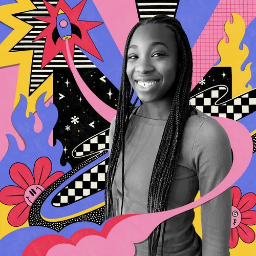 Portrait of a smiling young woman with colorful abstract background by Mel Cerri