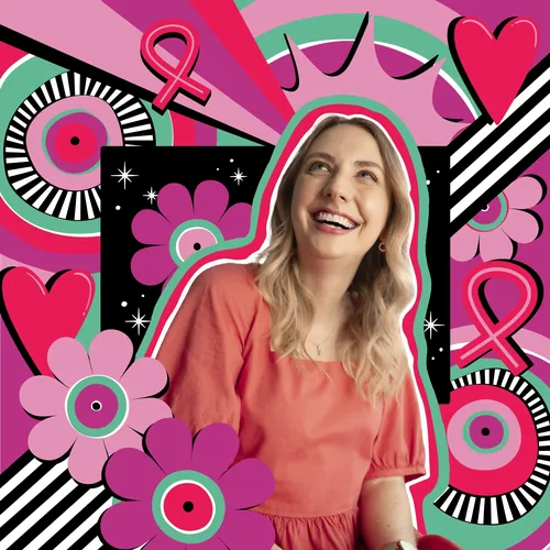 Smiling woman with breast cancer awareness symbols by Mel Cerri