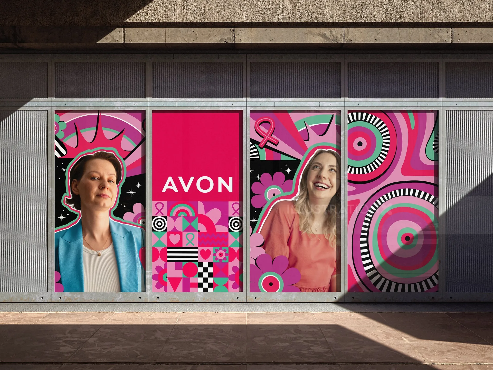 Avon Breast Cancer Awareness campaign artwork featuring women and pink designs by Mel Cerri