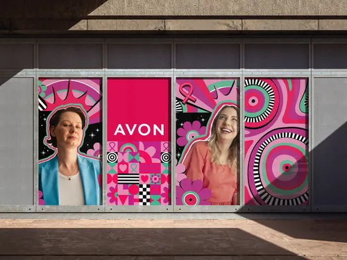 Avon Breast Cancer Awareness campaign artwork featuring women and pink designs by Mel Cerri