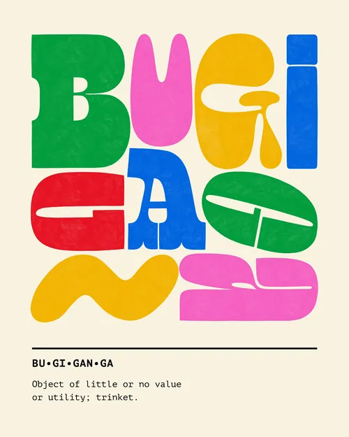Colorful typography spelling 'Buganiga' by Mel Cerri