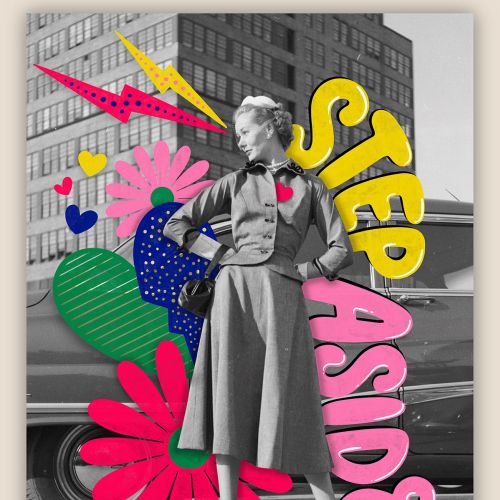 Vintage black-and-white woman with colorful collage by Mel Cerri