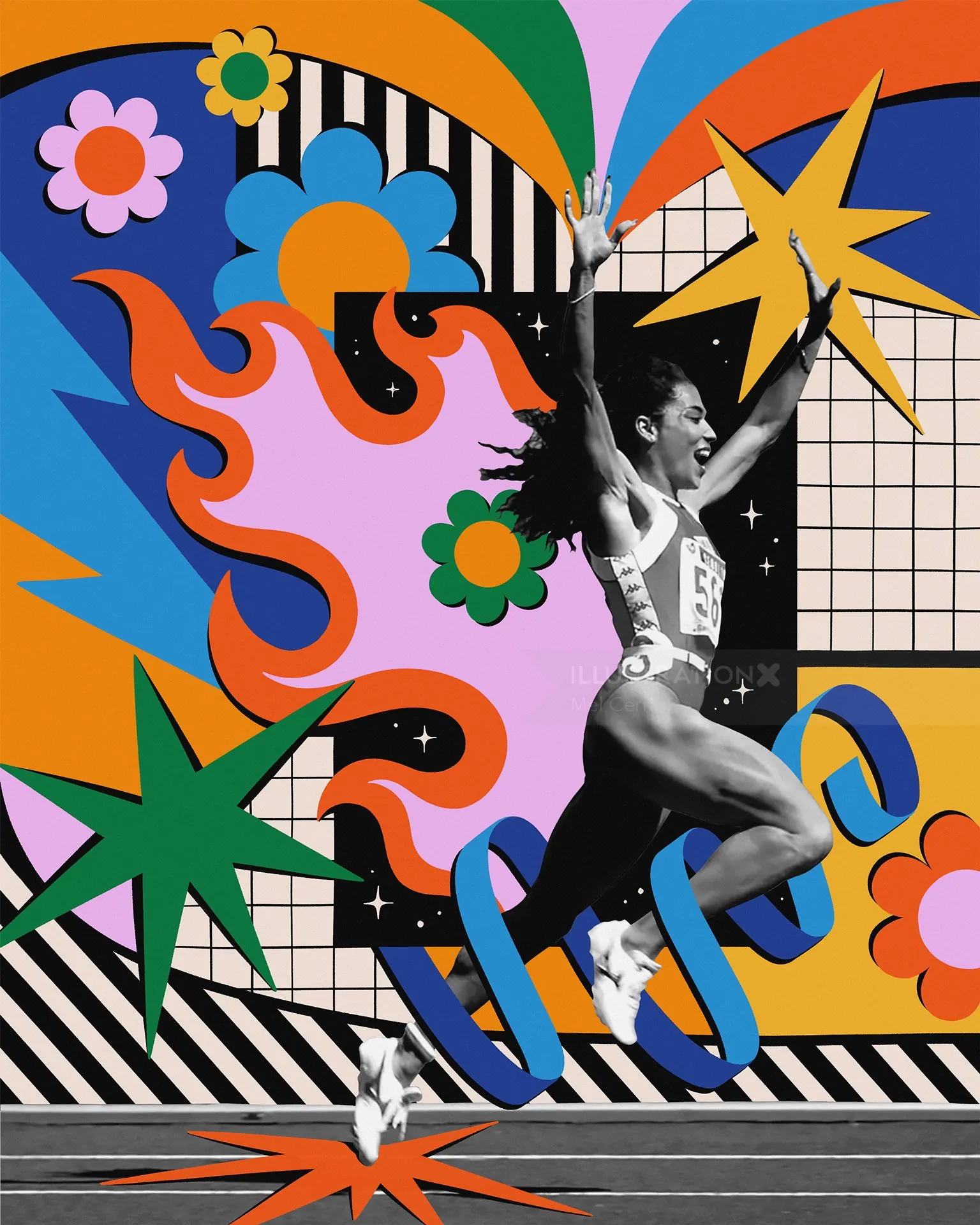 Florence Griffith Joyner running with vibrant collage elements by Mel Cerri