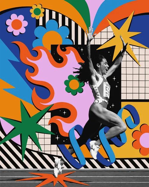 Florence Griffith Joyner running with vibrant collage elements by Mel Cerri
