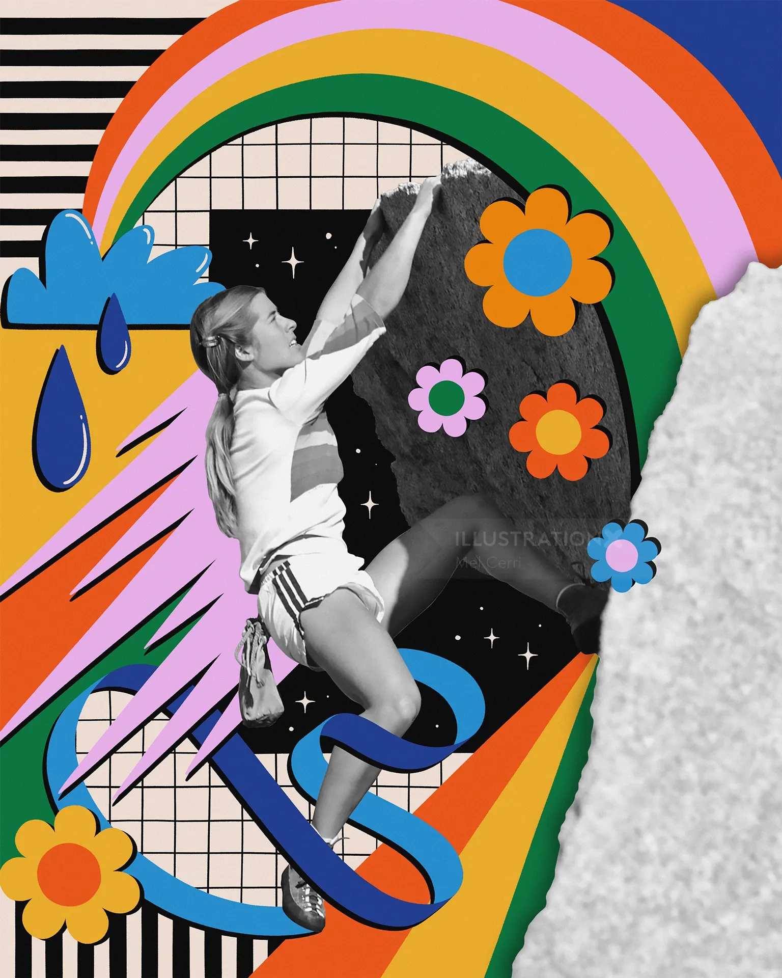 Ilustración de la escaladora Lynn Hill escalando El Capitán con coloridos elementos de collage de Mel Cerri