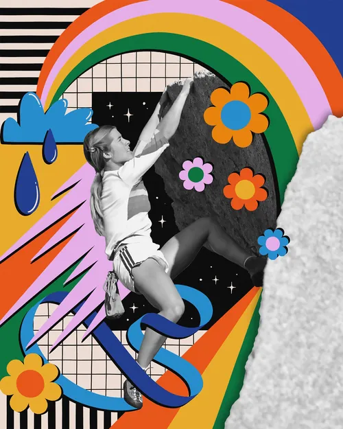 Illustration of climber Lynn Hill scaling El Capitan with colorful collage elements by Mel Cerri