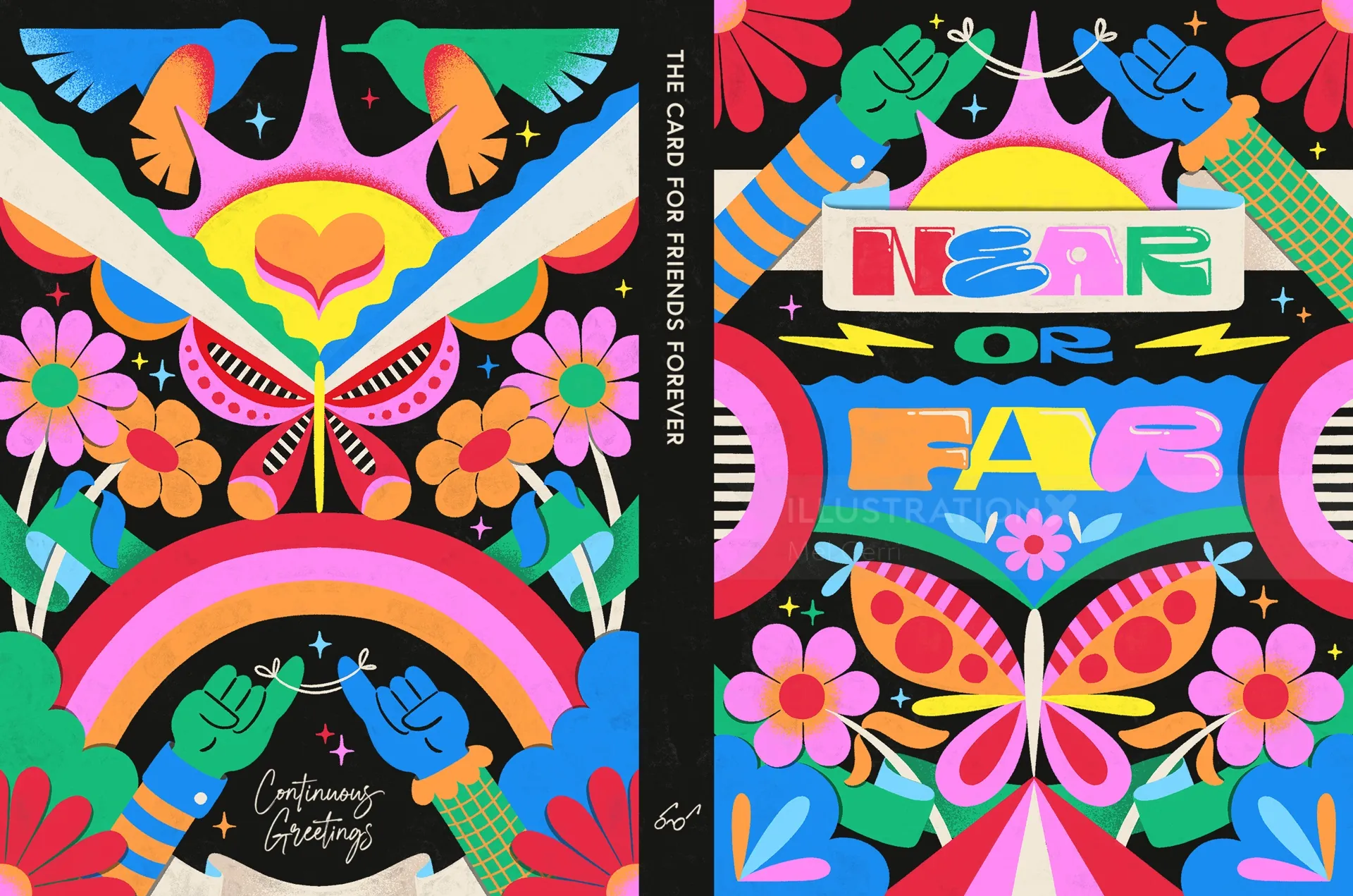 Colorful friendship card with hand-lettered text and vibrant illustrations by Mel Cerri