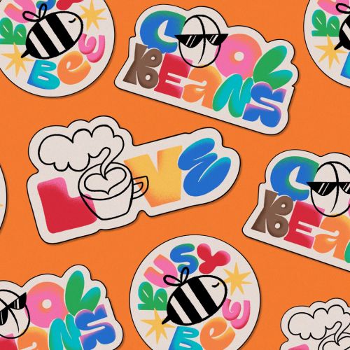 Colorful Deadline Coffee brand stickers with playful illustrations by Mel Cerri