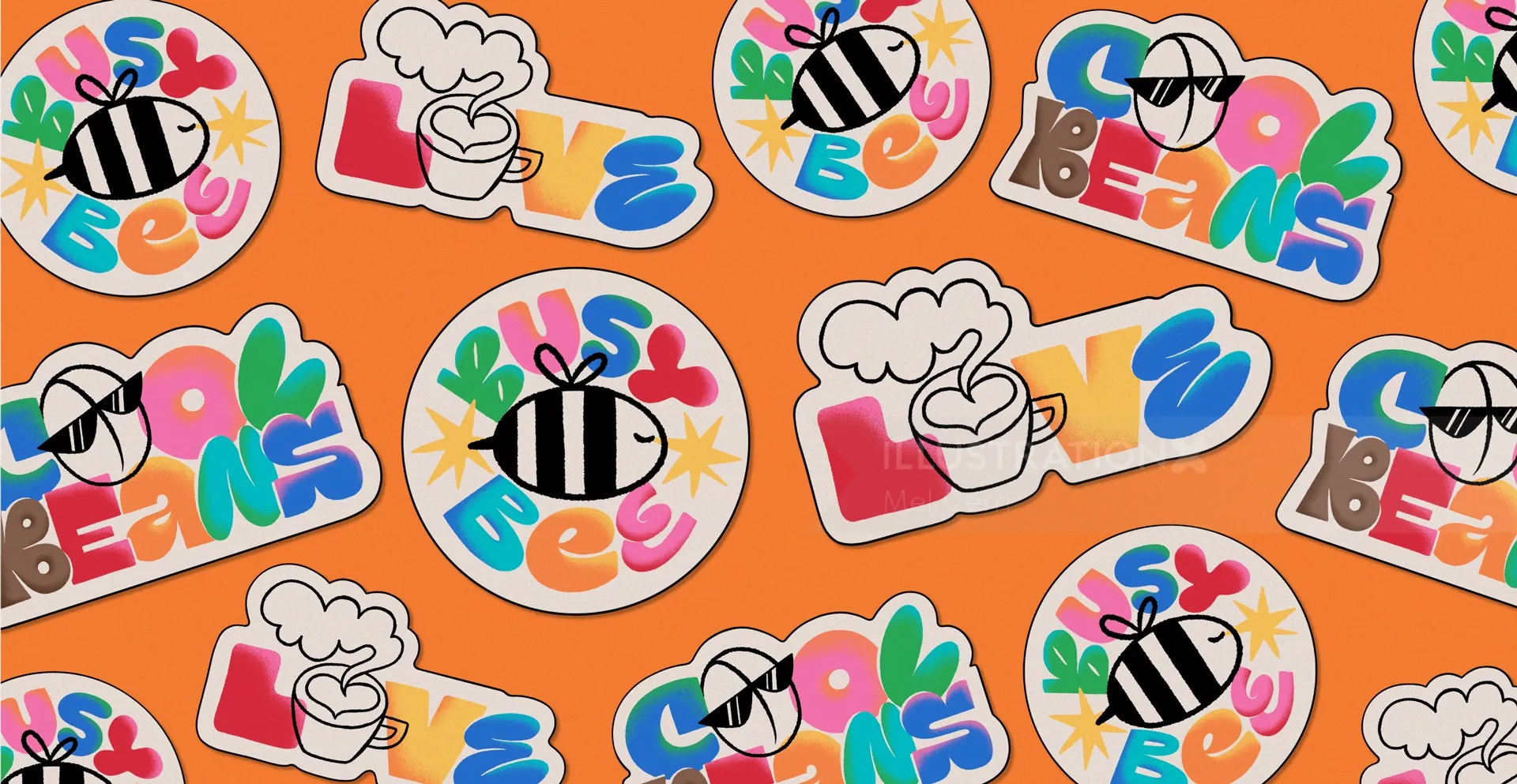 Pegatinas coloridas de la marca Deadline Coffee con divertidas ilustraciones de Mel Cerri