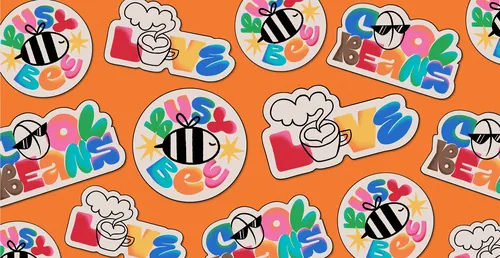 Colorful Deadline Coffee brand stickers with playful illustrations by Mel Cerri