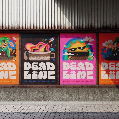 Colorful Deadline Coffee branding posters with bold illustrations by Mel Cerri