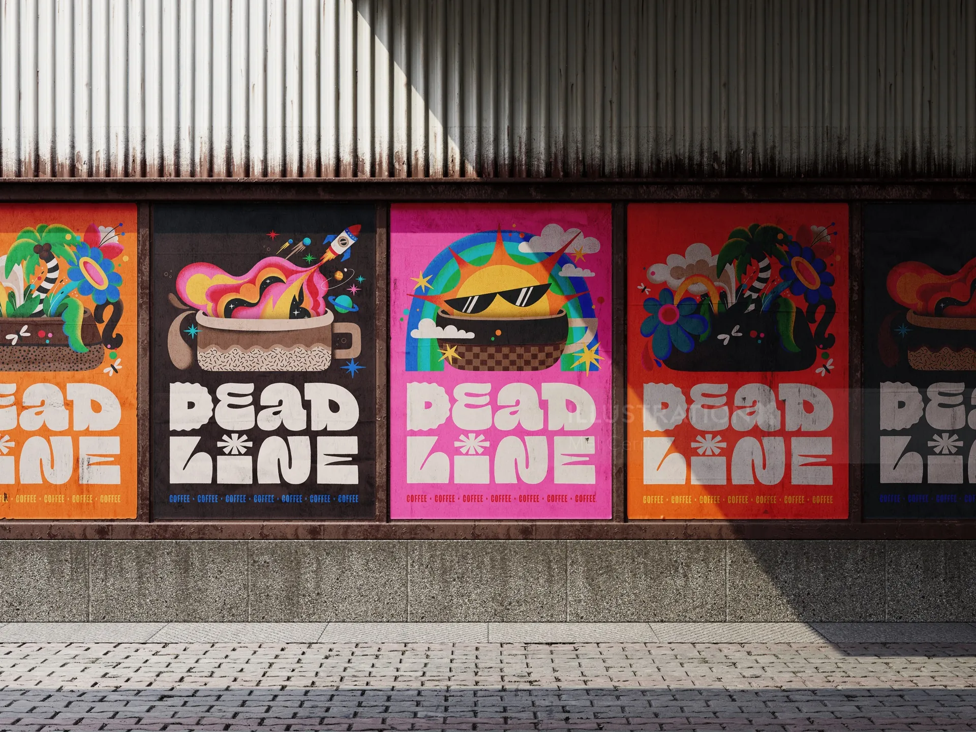 Colorful Deadline Coffee branding posters with bold illustrations by Mel Cerri