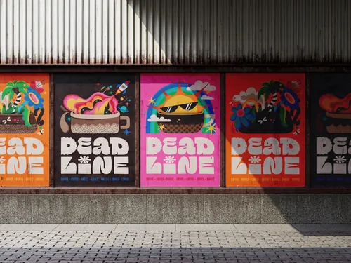 Colorful Deadline Coffee branding posters with bold illustrations by Mel Cerri