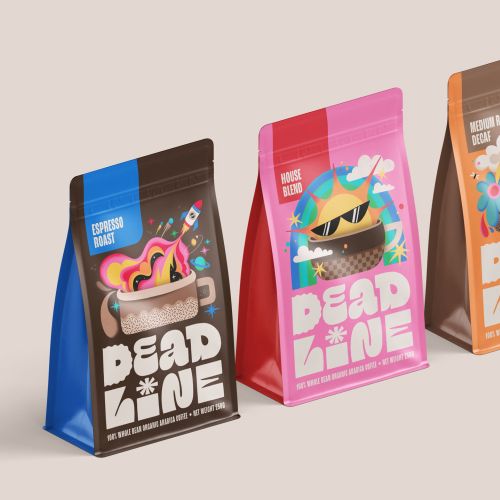 Colorful coffee bags with playful Deadline Coffee branding by Mel Cerri