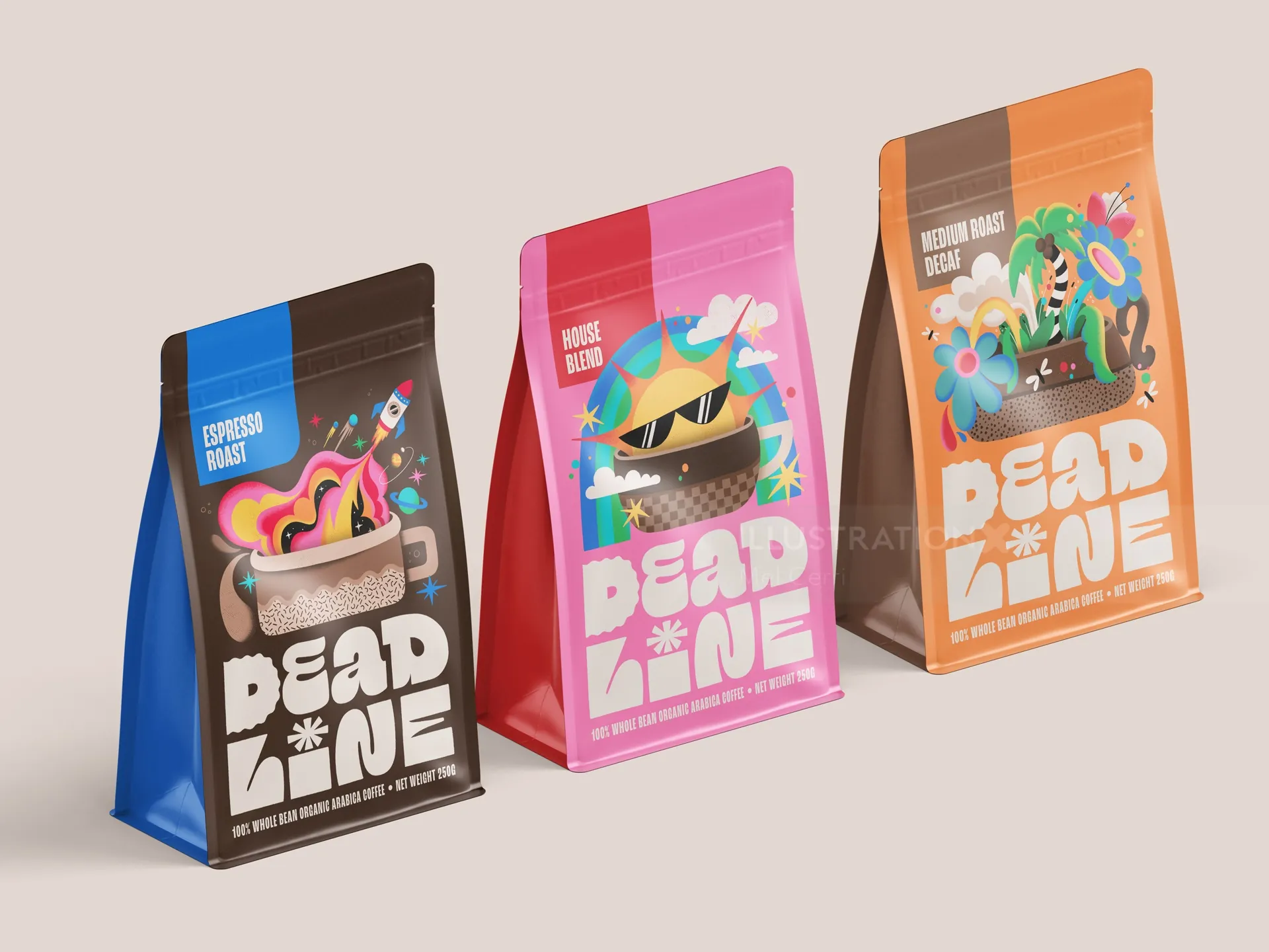 Colorful coffee bags with playful Deadline Coffee branding by Mel Cerri