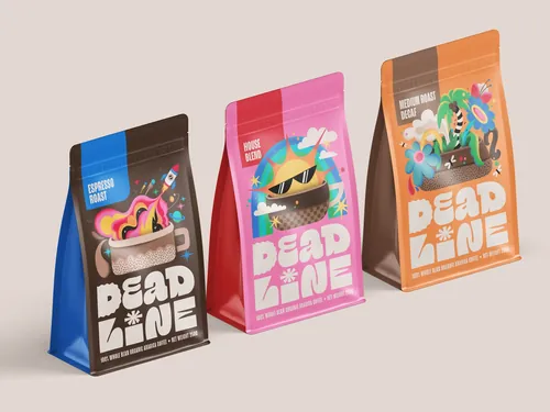 Colorful coffee bags with playful Deadline Coffee branding by Mel Cerri