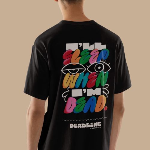 T-shirt with colorful Deadline Coffee graphic and hand-drawn lettering by Mel Cerri